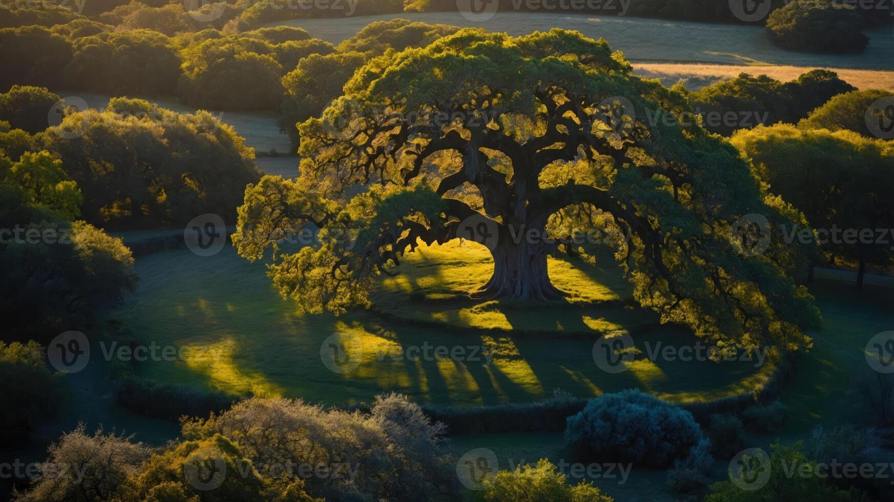 A majestic tree stands alone in a serene landscape, casting long shadows in the golden light of sunset. photo