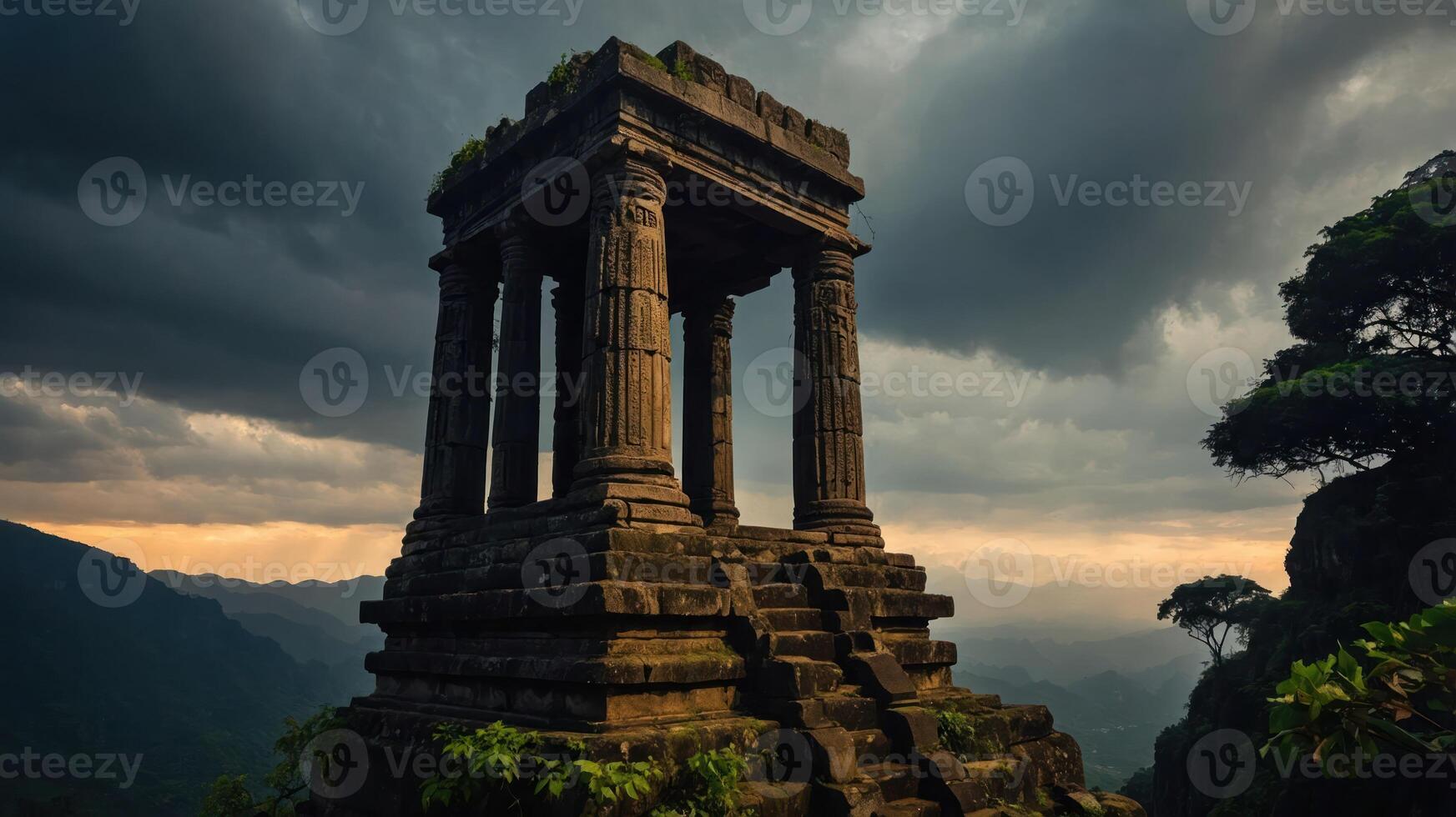 Ancient stone temple on a mountain, surrounded by dramatic clouds and lush greenery at sunset. photo