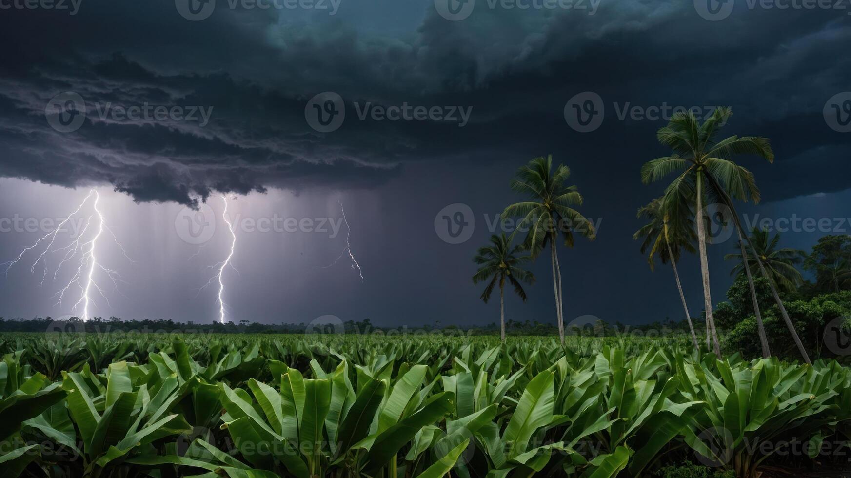 A dramatic storm over a banana plantation with lightning illuminating the dark sky. photo