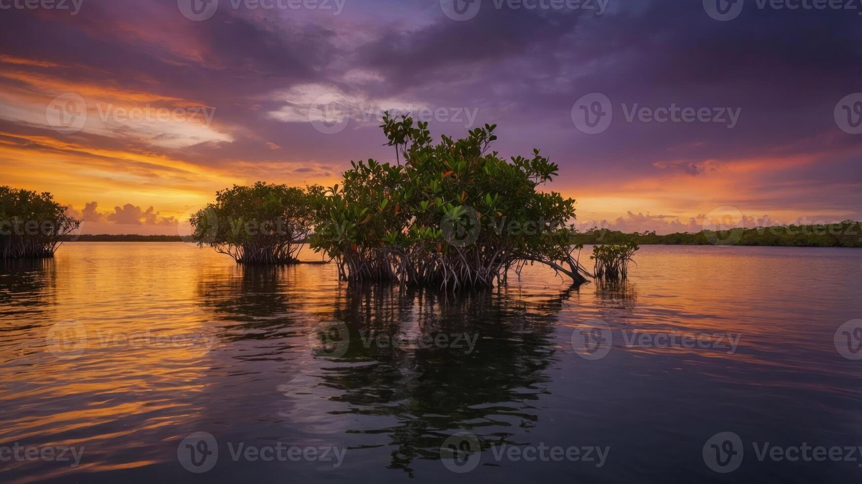 A serene sunset over mangrove trees reflected in calm waters, showcasing nature's beauty and tranquility. photo