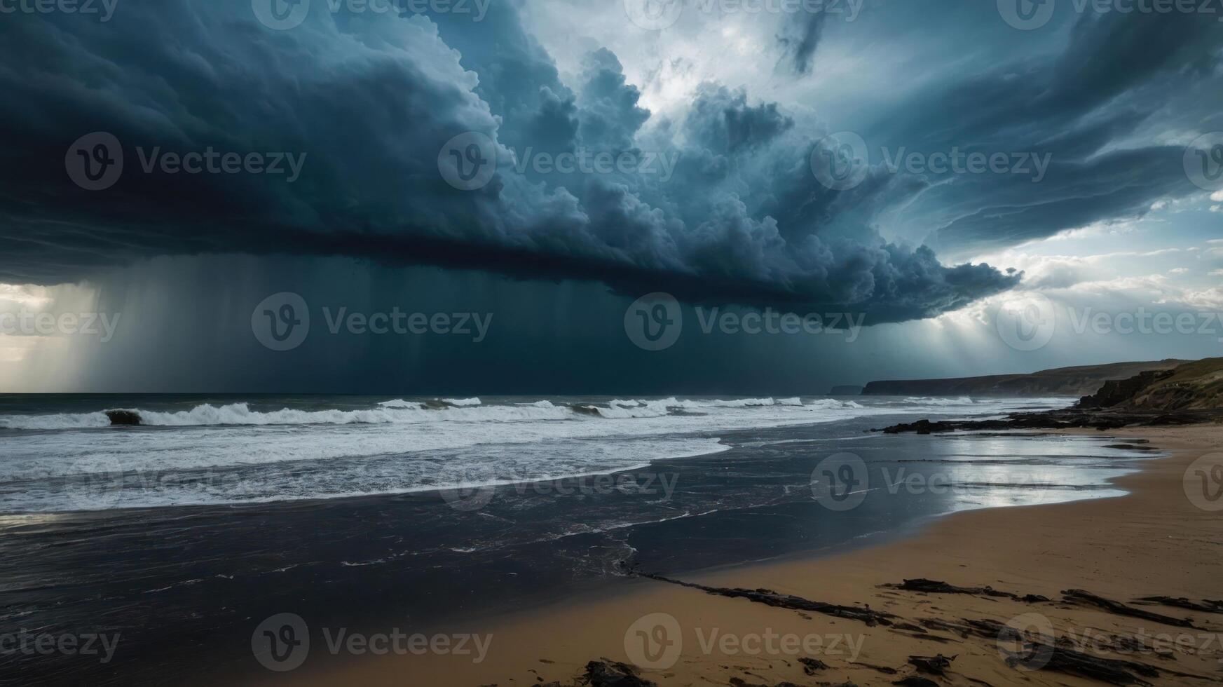 Dramatic storm clouds loom over a beach, creating a moody atmosphere with waves crashing on the shore. photo