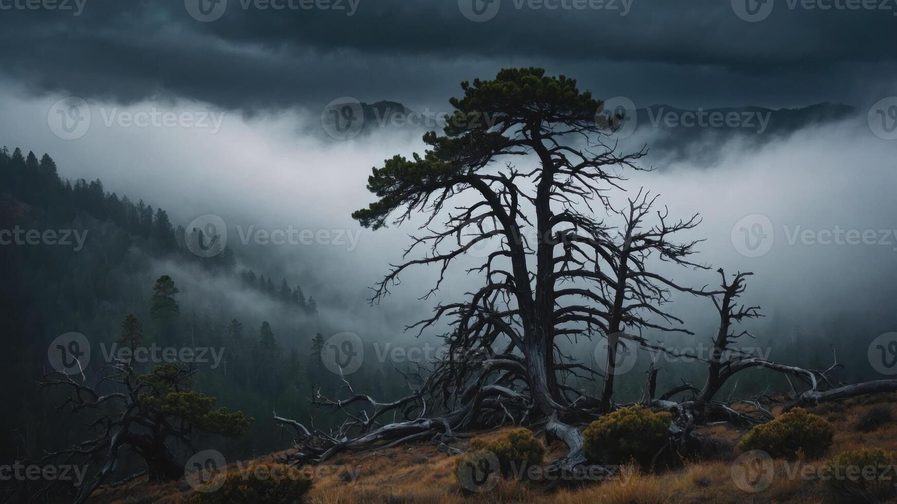 A moody landscape featuring a gnarled tree amidst fog and mountains, evoking a sense of mystery. photo