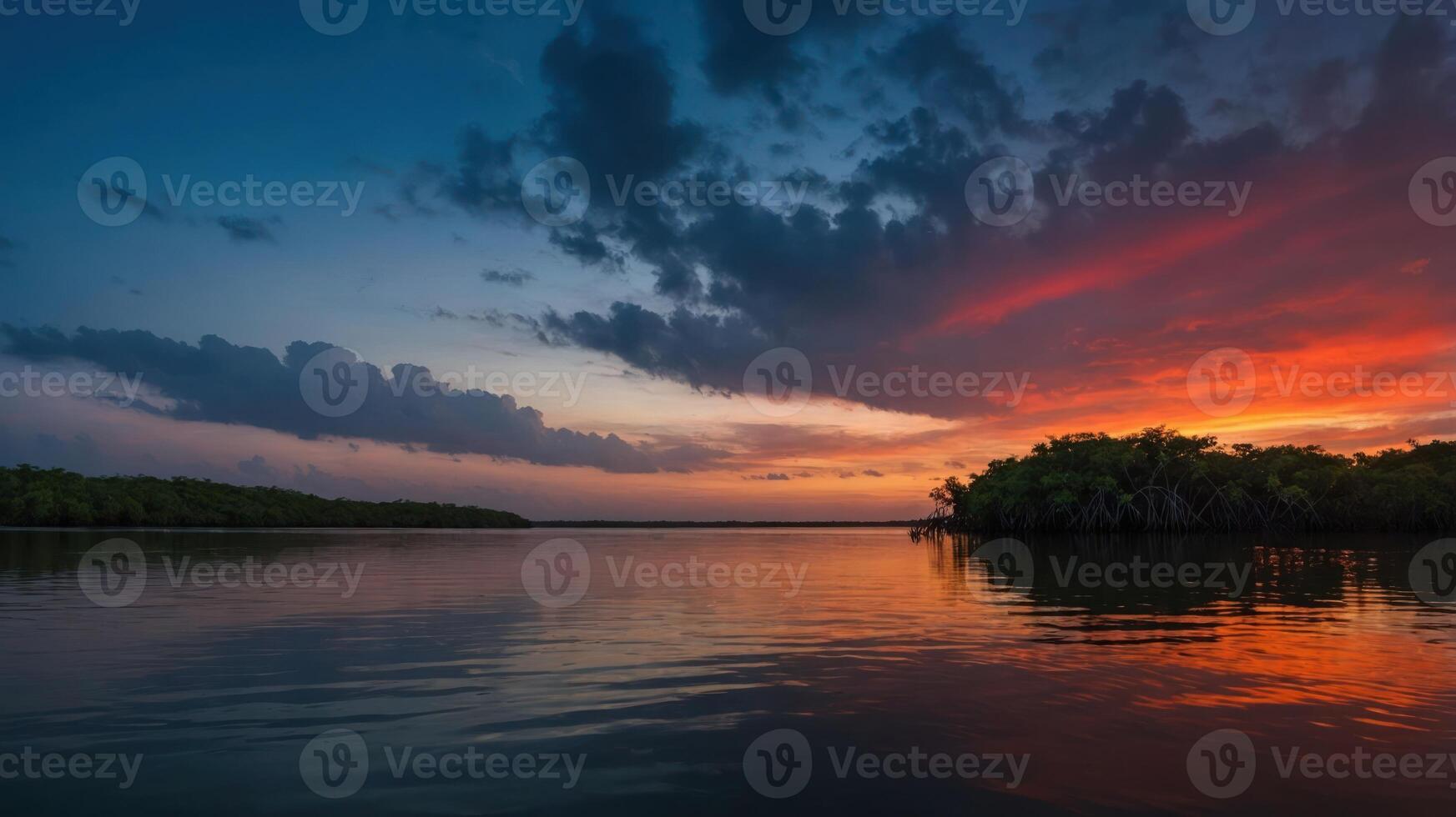 A serene sunset over calm waters, reflecting vibrant colors and lush greenery along the shoreline. photo