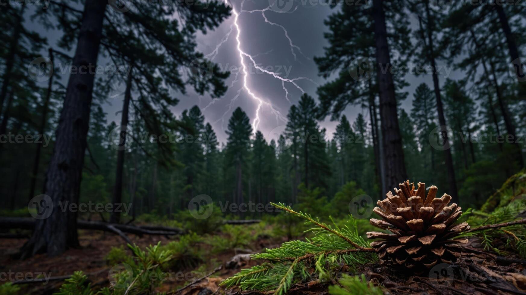 A dramatic forest scene with a pine cone in the foreground and lightning striking in the background. photo