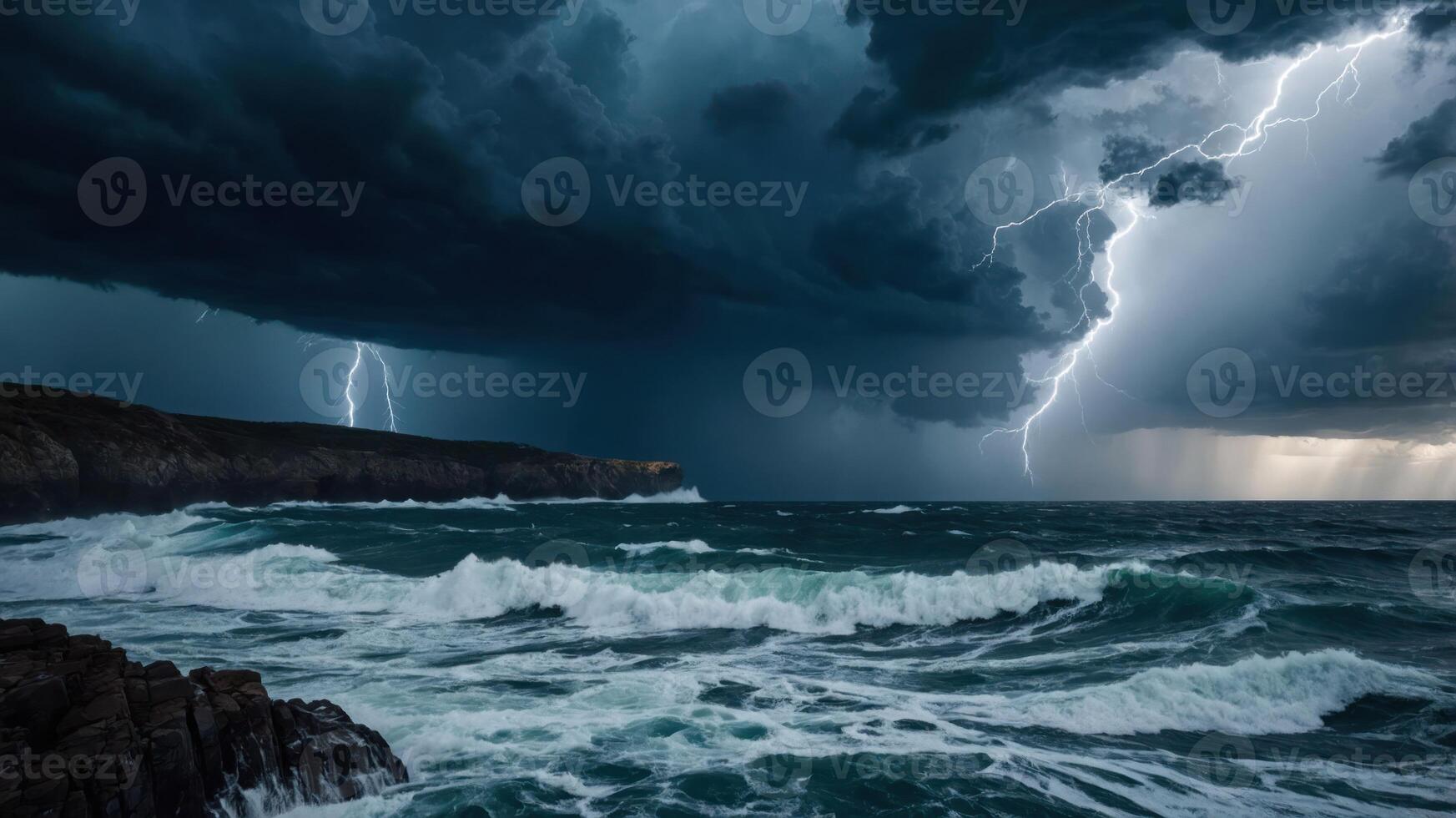A dramatic storm over the ocean, featuring dark clouds, lightning, and turbulent waves. photo