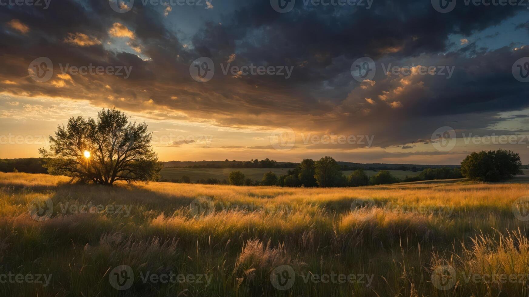 A serene sunset landscape with a tree, golden grass, and dramatic clouds. photo