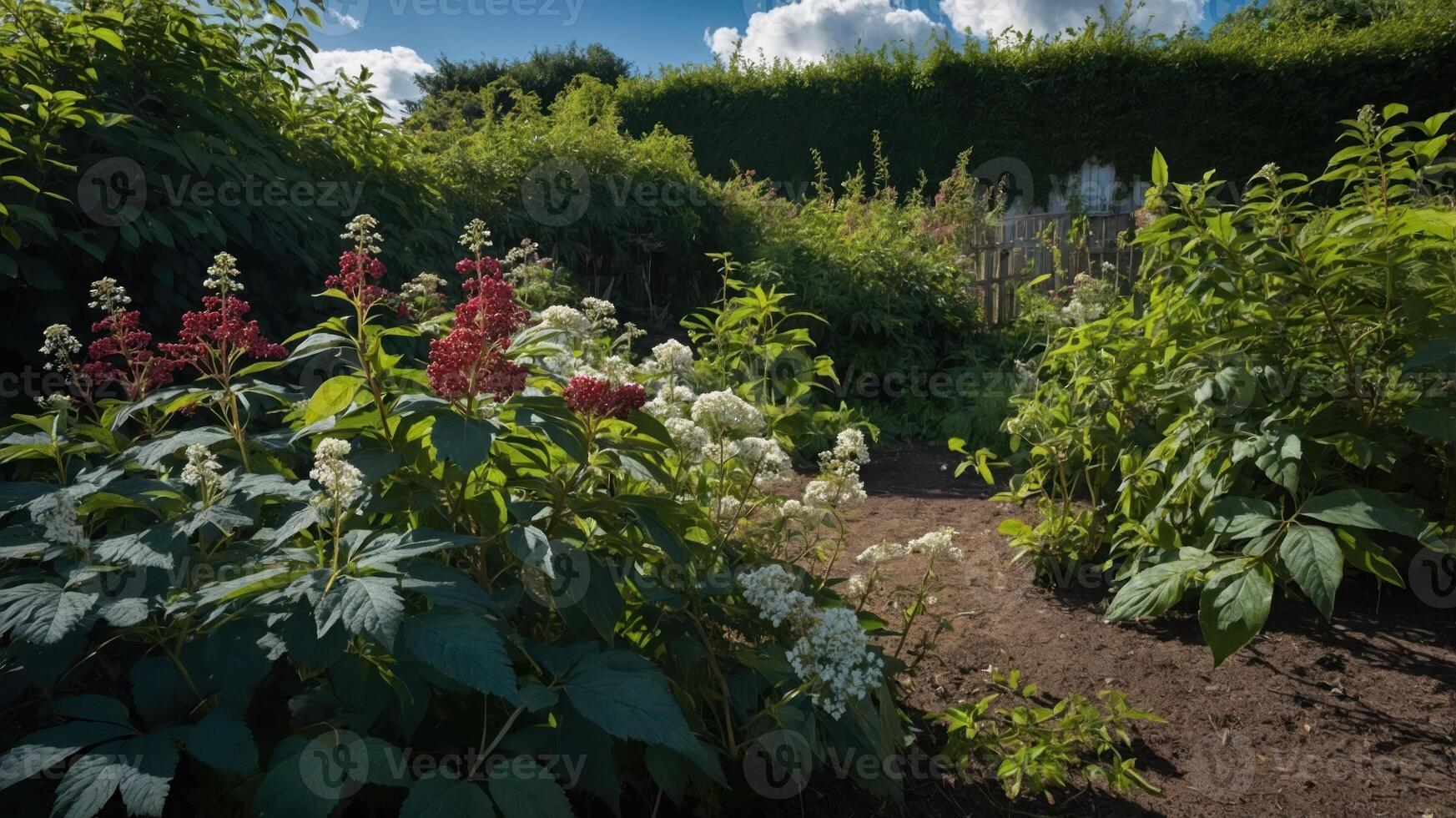 A serene garden scene with vibrant flowers and lush greenery under a bright blue sky. photo