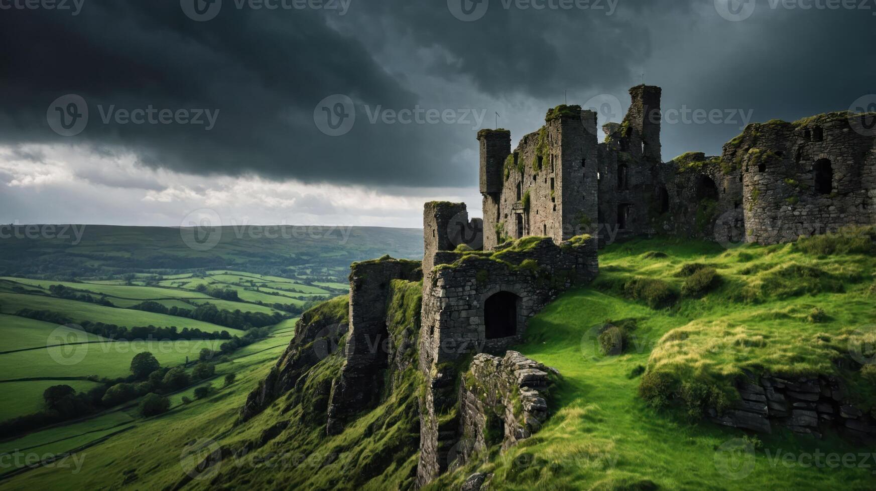 A dramatic view of ancient ruins on a hillside, surrounded by lush green landscapes under a stormy sky. photo
