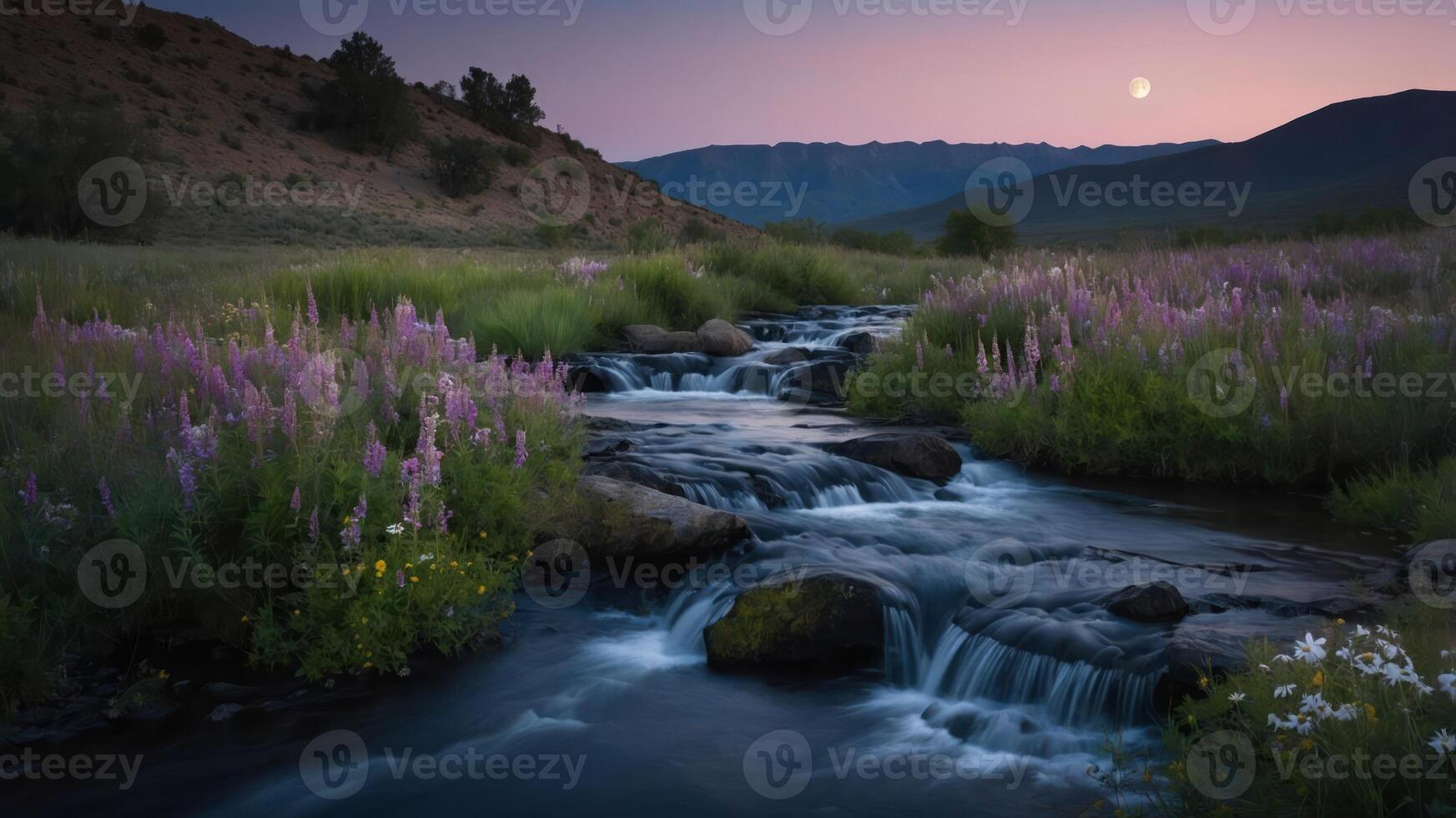 A serene landscape featuring a flowing stream, vibrant flowers, and a moonlit sky at dusk. photo