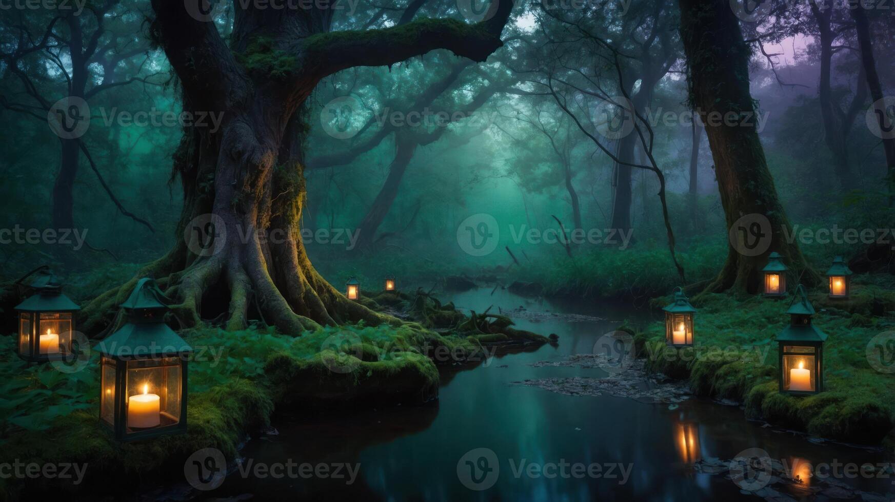 A serene forest scene with glowing lanterns by a tranquil stream, evoking a mystical atmosphere. photo
