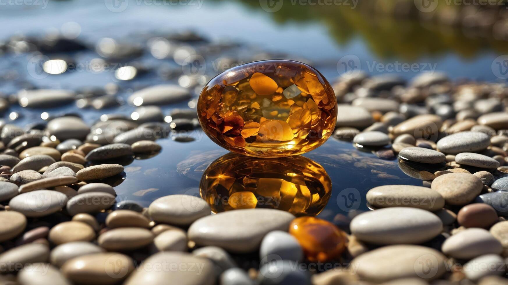 A polished amber stone resting on smooth pebbles by a reflective water surface in a natural setting. photo