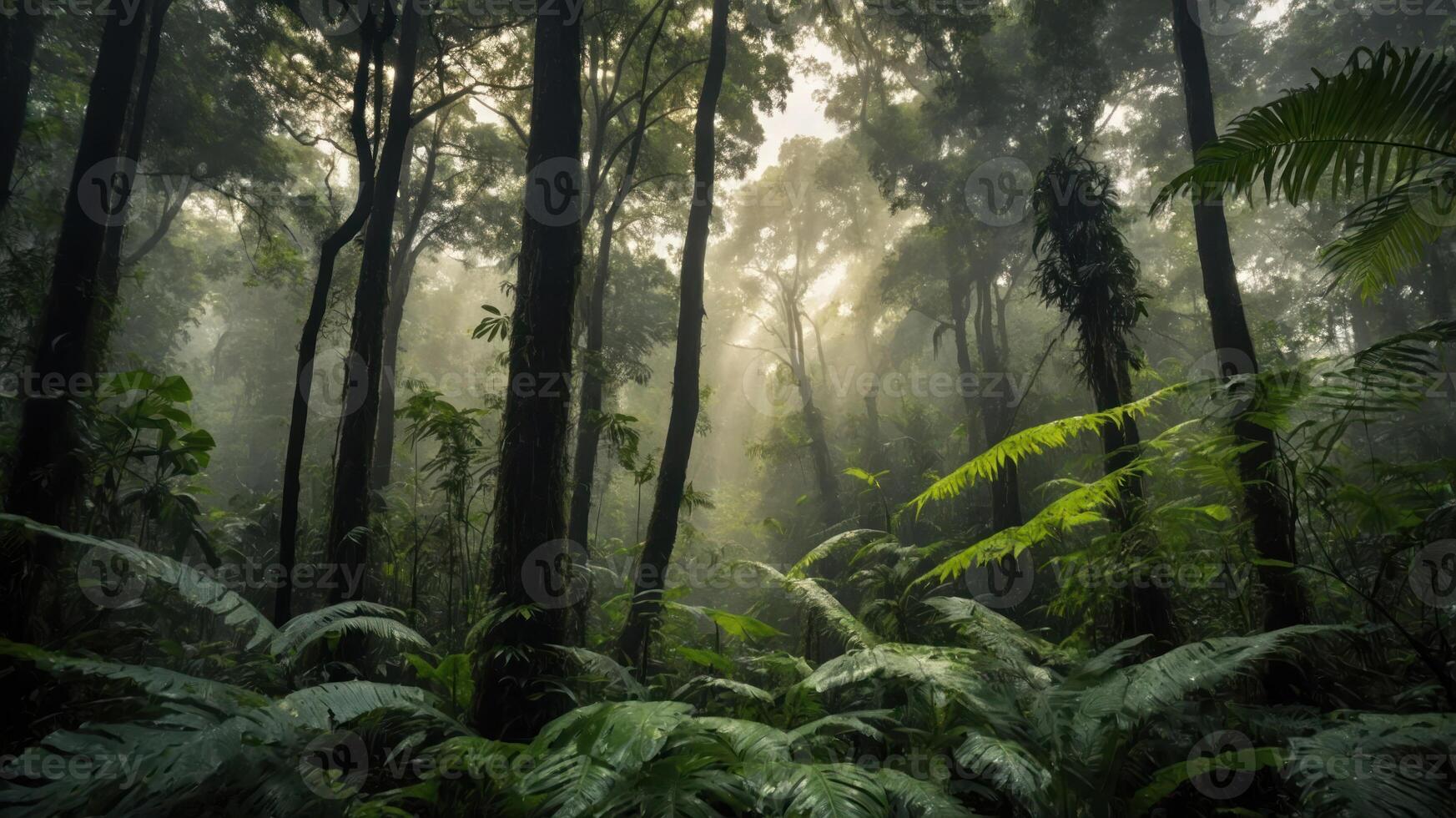 A misty forest scene with tall trees and lush ferns, creating a serene natural atmosphere. photo
