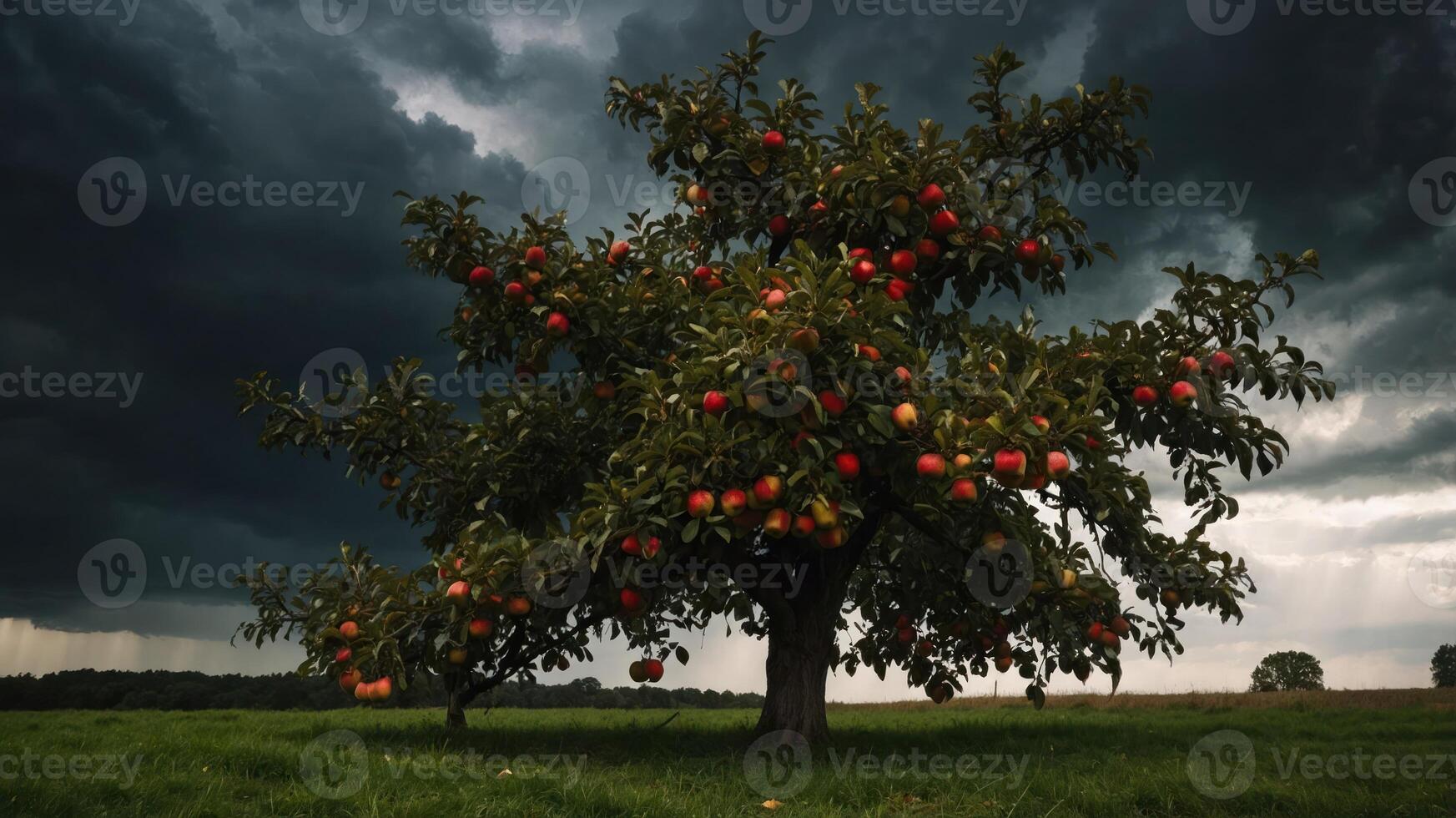 A solitary apple tree laden with ripe fruit against a dramatic, stormy sky backdrop. photo