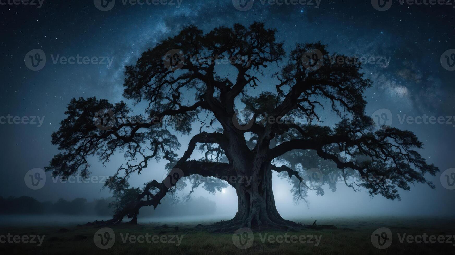 A majestic tree silhouetted against a starry night sky, surrounded by mist. photo