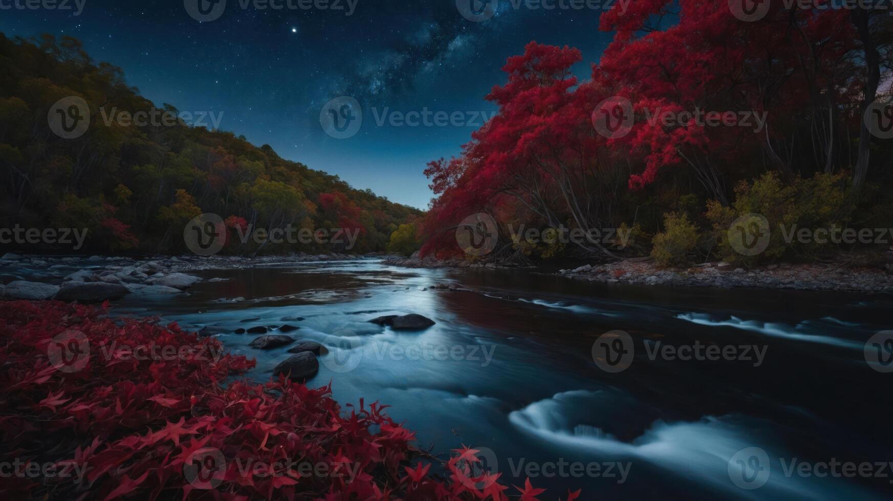 A serene river scene at night, featuring vibrant red foliage under a starry sky. photo