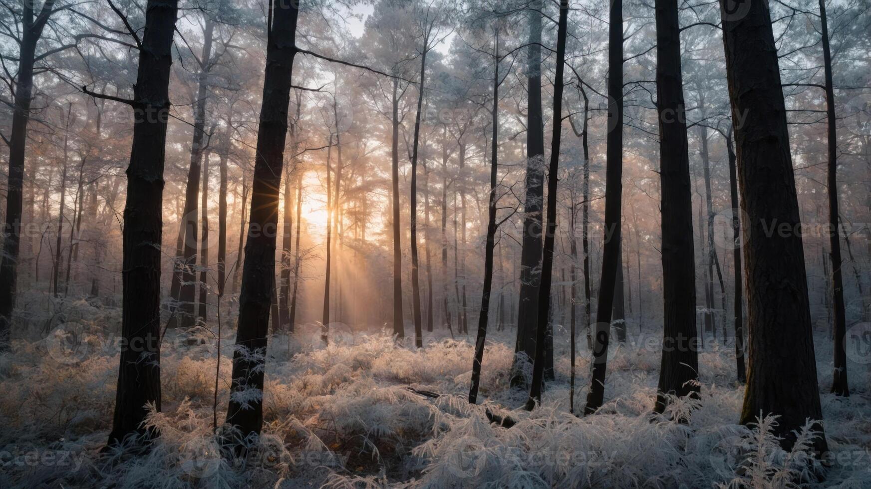 A serene winter forest scene with sunlight filtering through frosty trees, creating a tranquil atmosphere. photo
