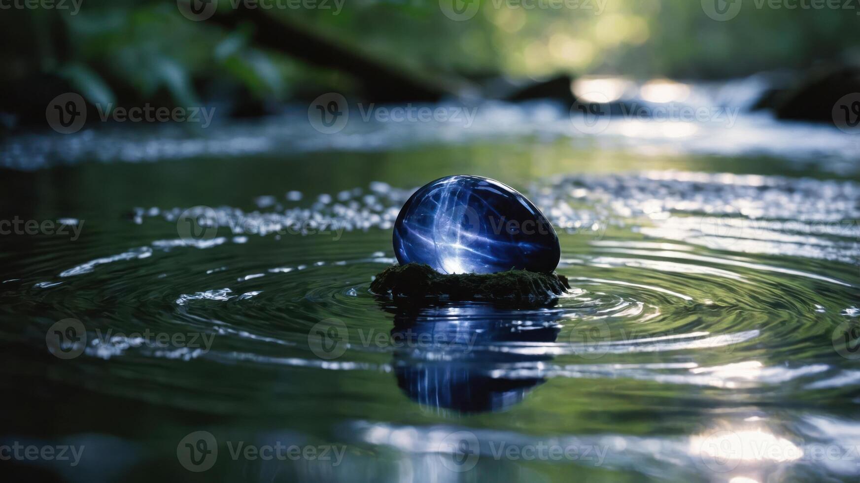 A blue crystal orb rests on a rock in a serene stream, creating ripples in the water. photo