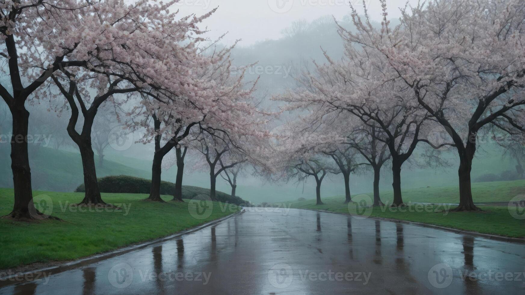A serene pathway lined with cherry blossom trees in a misty environment, creating a tranquil atmosphere. photo