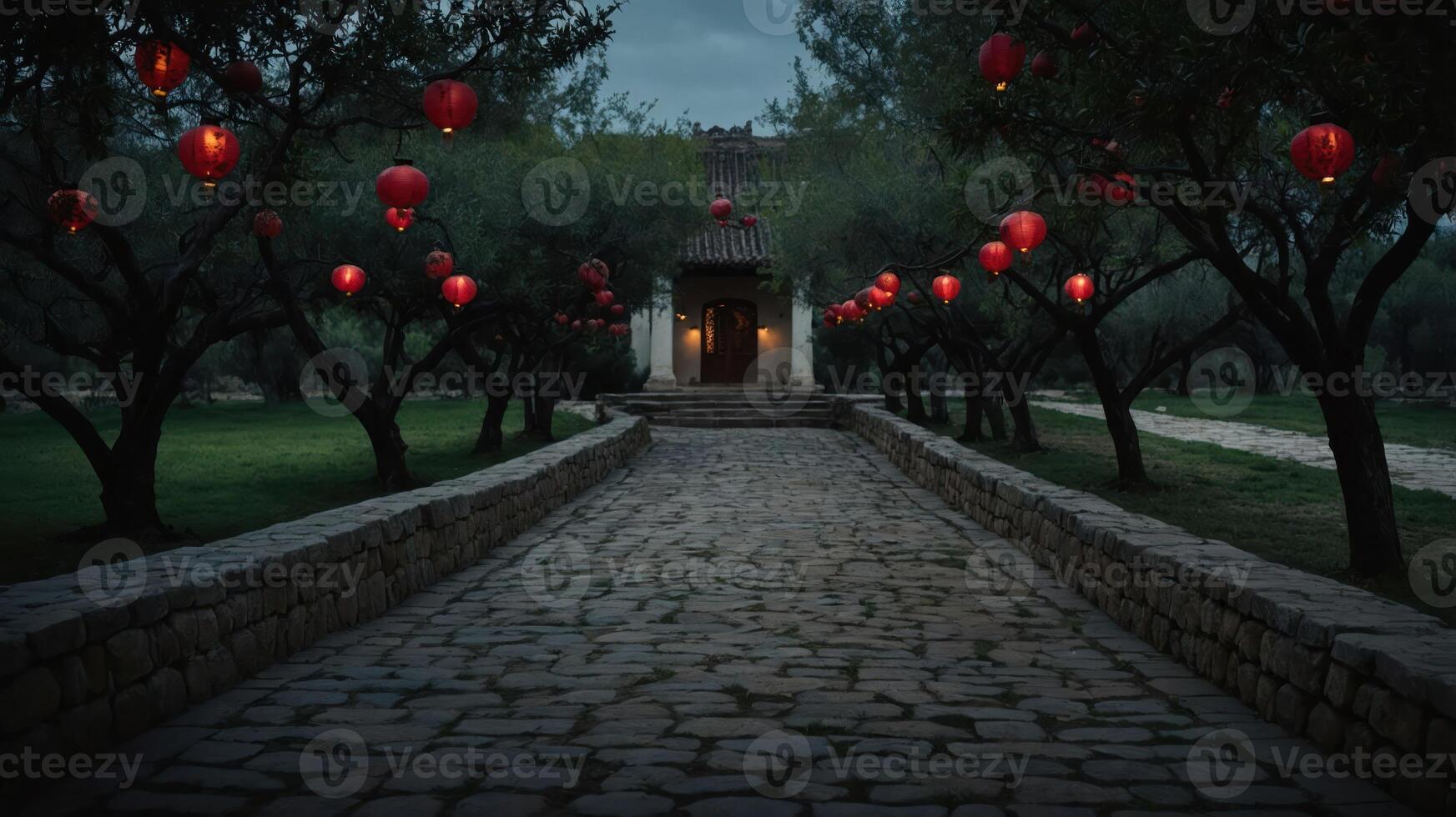 A serene pathway lined with red lanterns leading to a building, set in a tranquil outdoor environment. photo