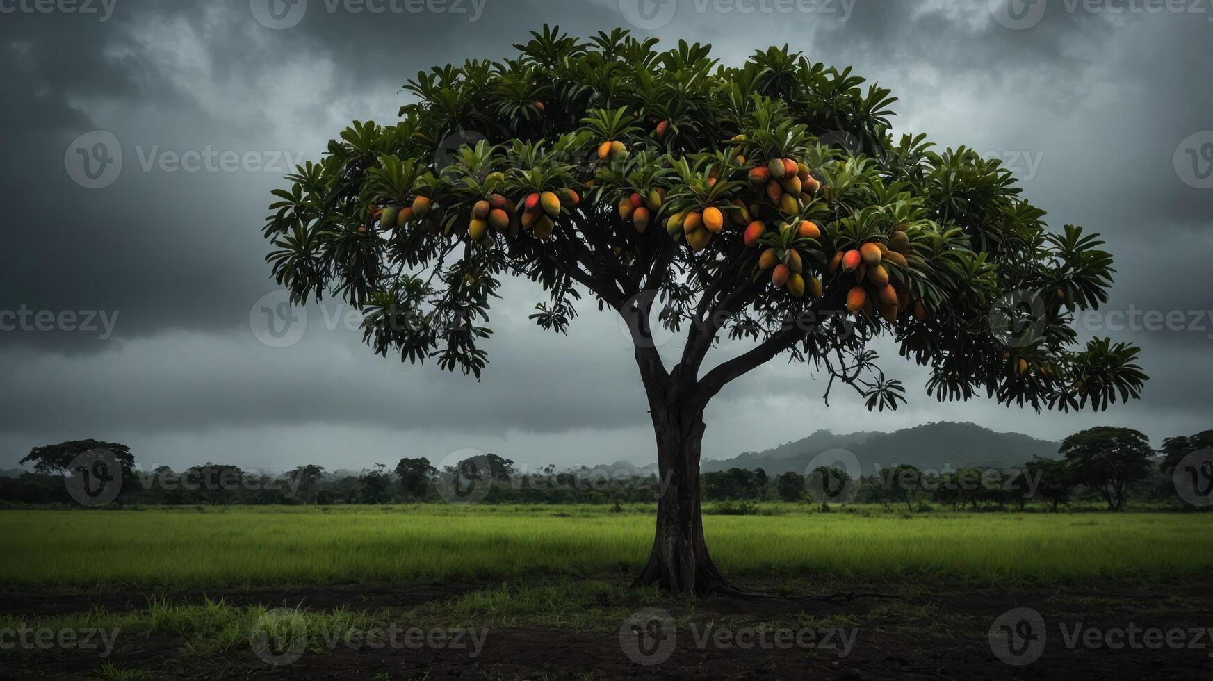 A solitary mango tree stands in a vast green field under a dramatic, cloudy sky. photo