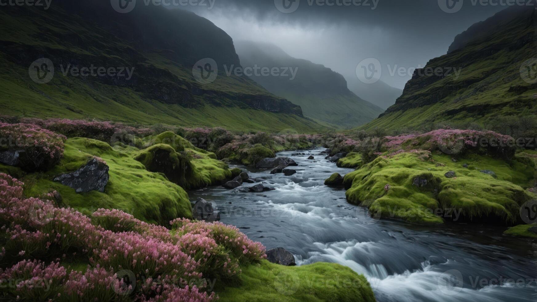 A serene river flows through a lush valley, surrounded by mountains and blooming heather under a moody sky. photo