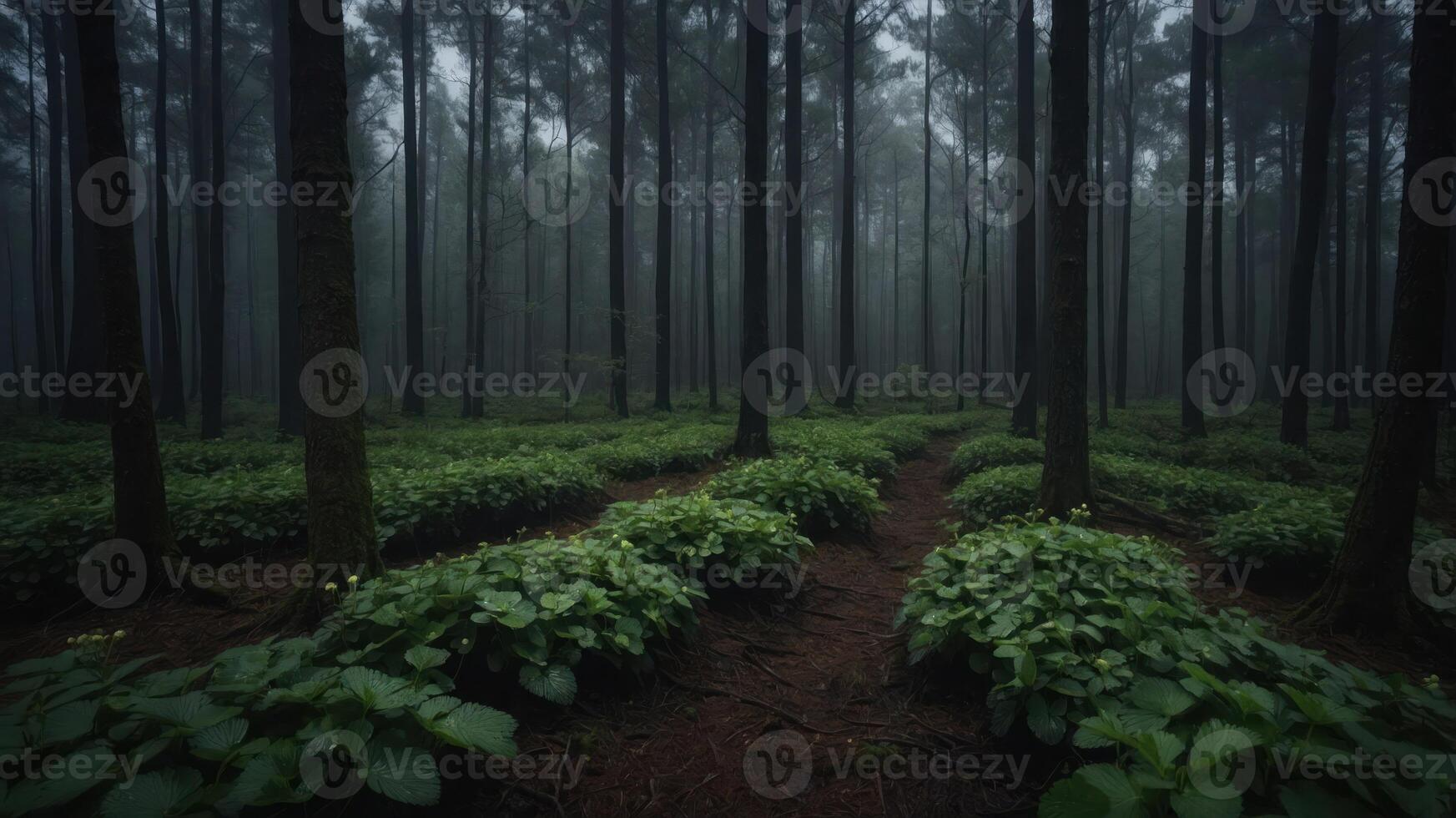 A misty forest scene with dense trees and lush greenery, creating a serene and mysterious atmosphere. photo