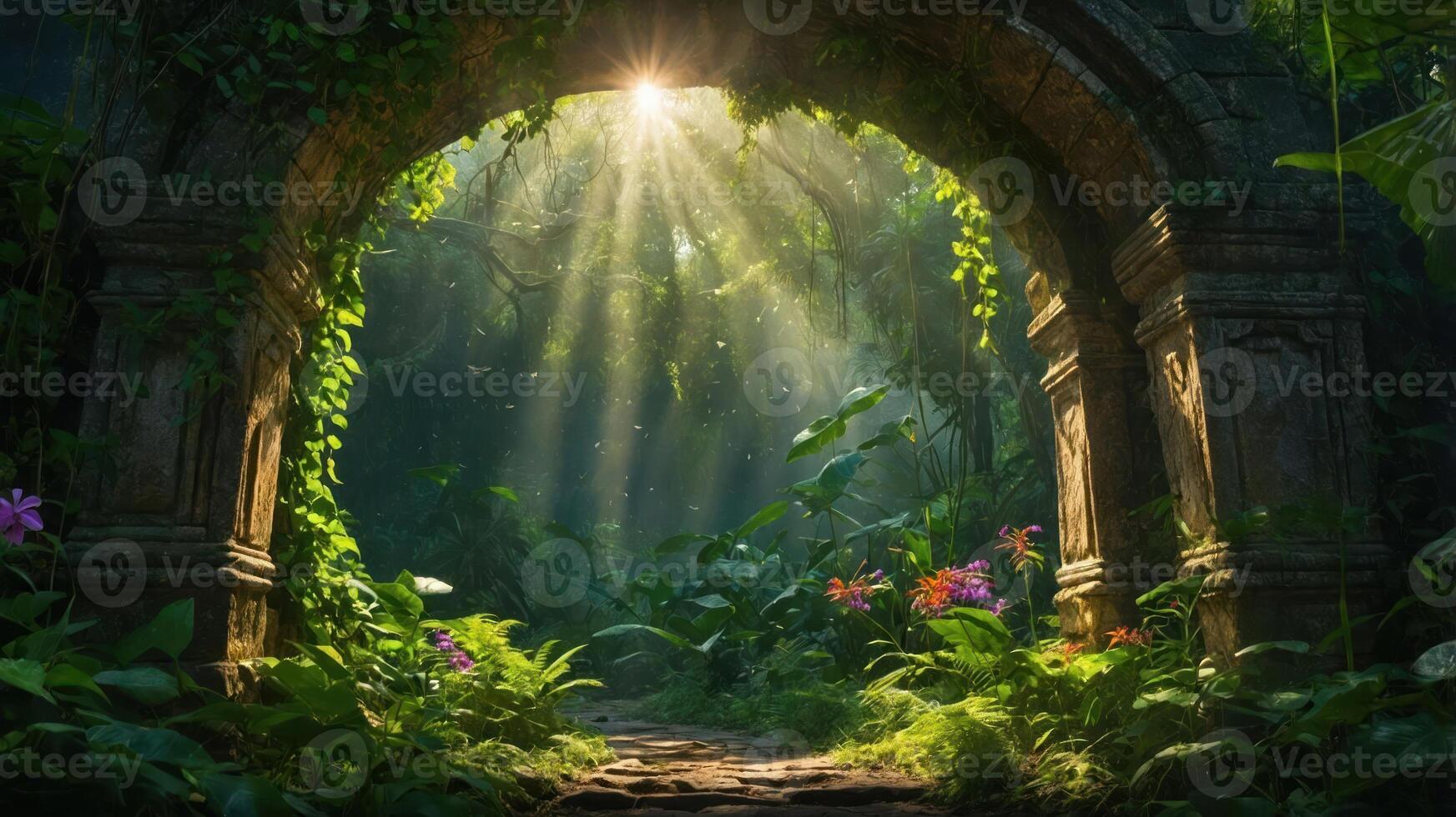 A serene jungle scene framed by an ancient archway, illuminated by soft sunlight filtering through foliage. photo