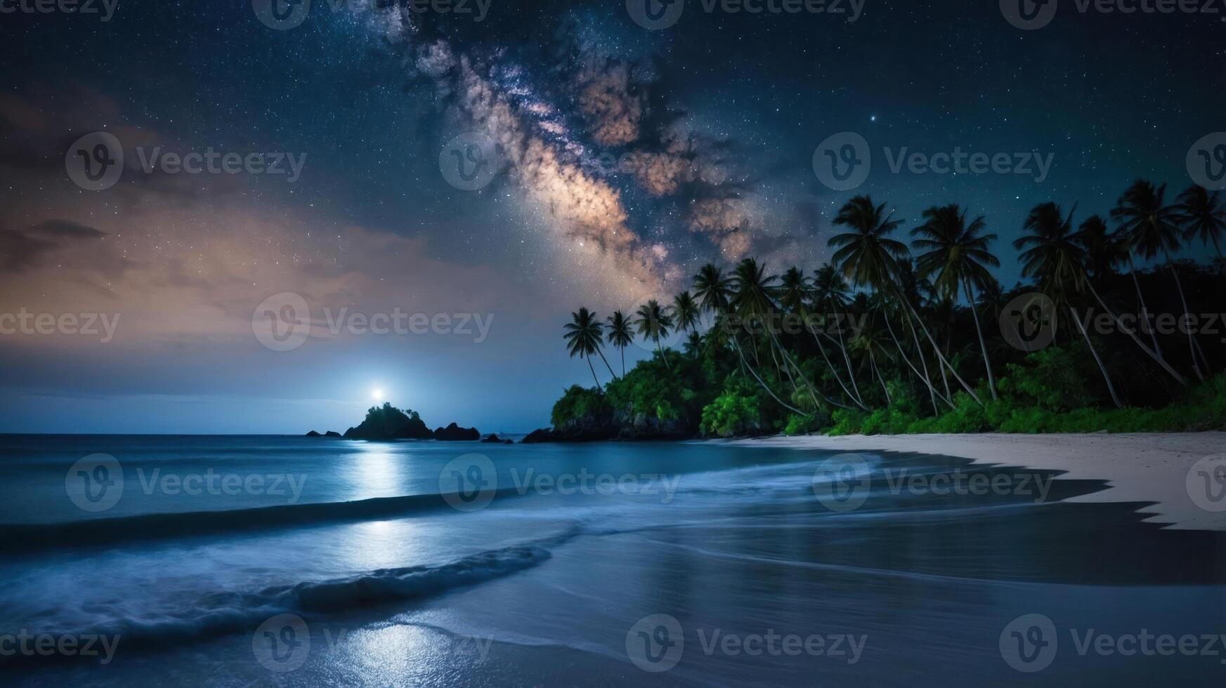 A serene beach scene under a starry sky, showcasing the Milky Way and tropical palm trees. photo