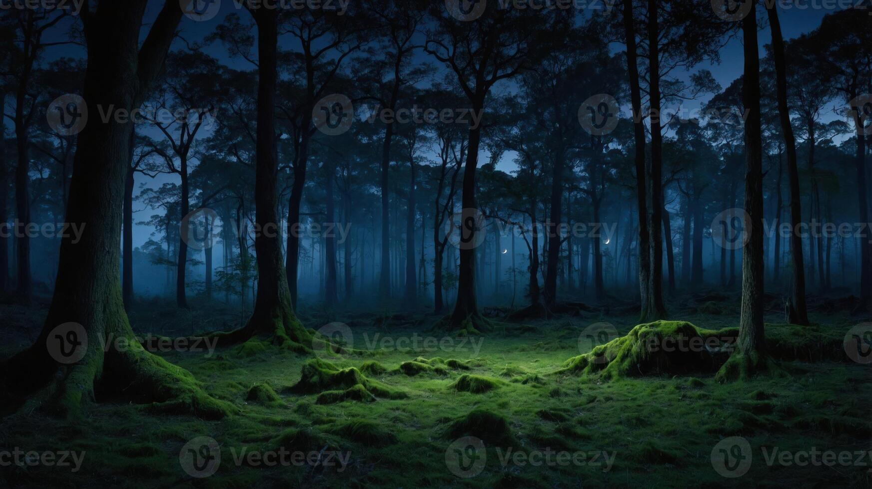 A serene, misty forest at night with soft light illuminating the ground. photo