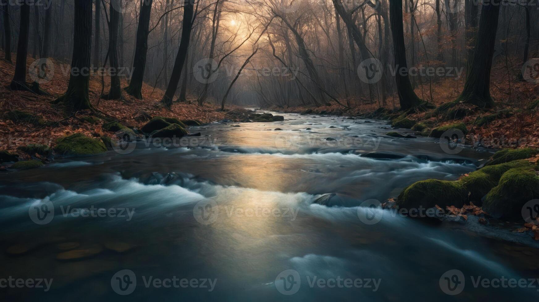 A serene river flows through a misty forest, creating a tranquil atmosphere in nature. photo
