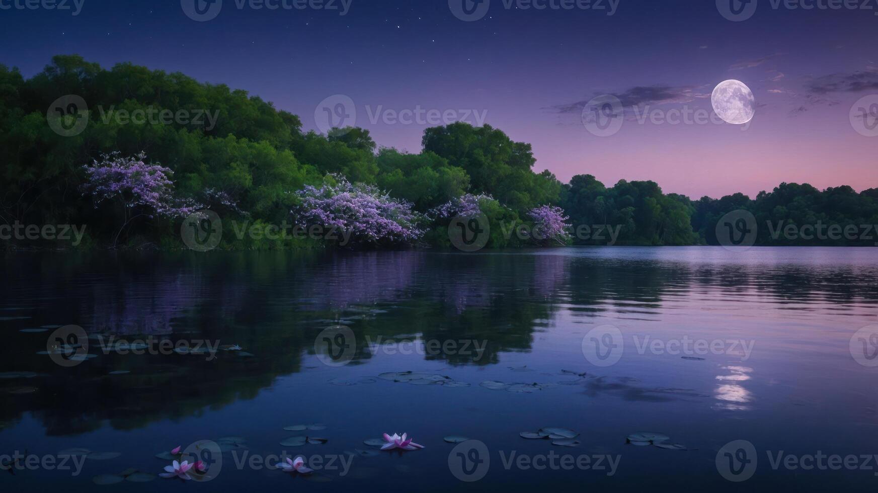 A serene night scene featuring a tranquil lake, blooming trees, and a bright moon reflecting on the water. photo