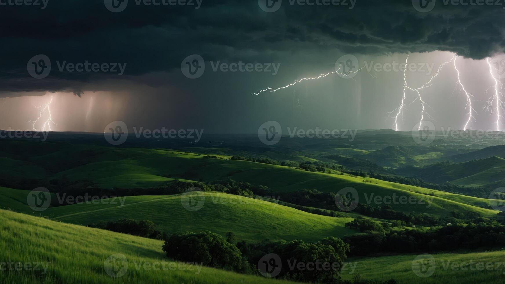 A dramatic landscape showcasing rolling hills under a stormy sky with lightning illuminating the scene. photo