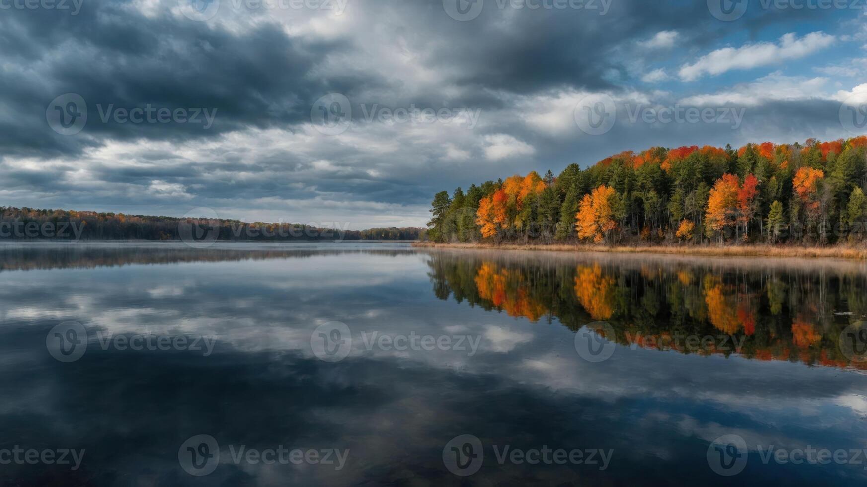 A serene lake reflecting autumn foliage under a cloudy sky, showcasing nature's beauty. photo