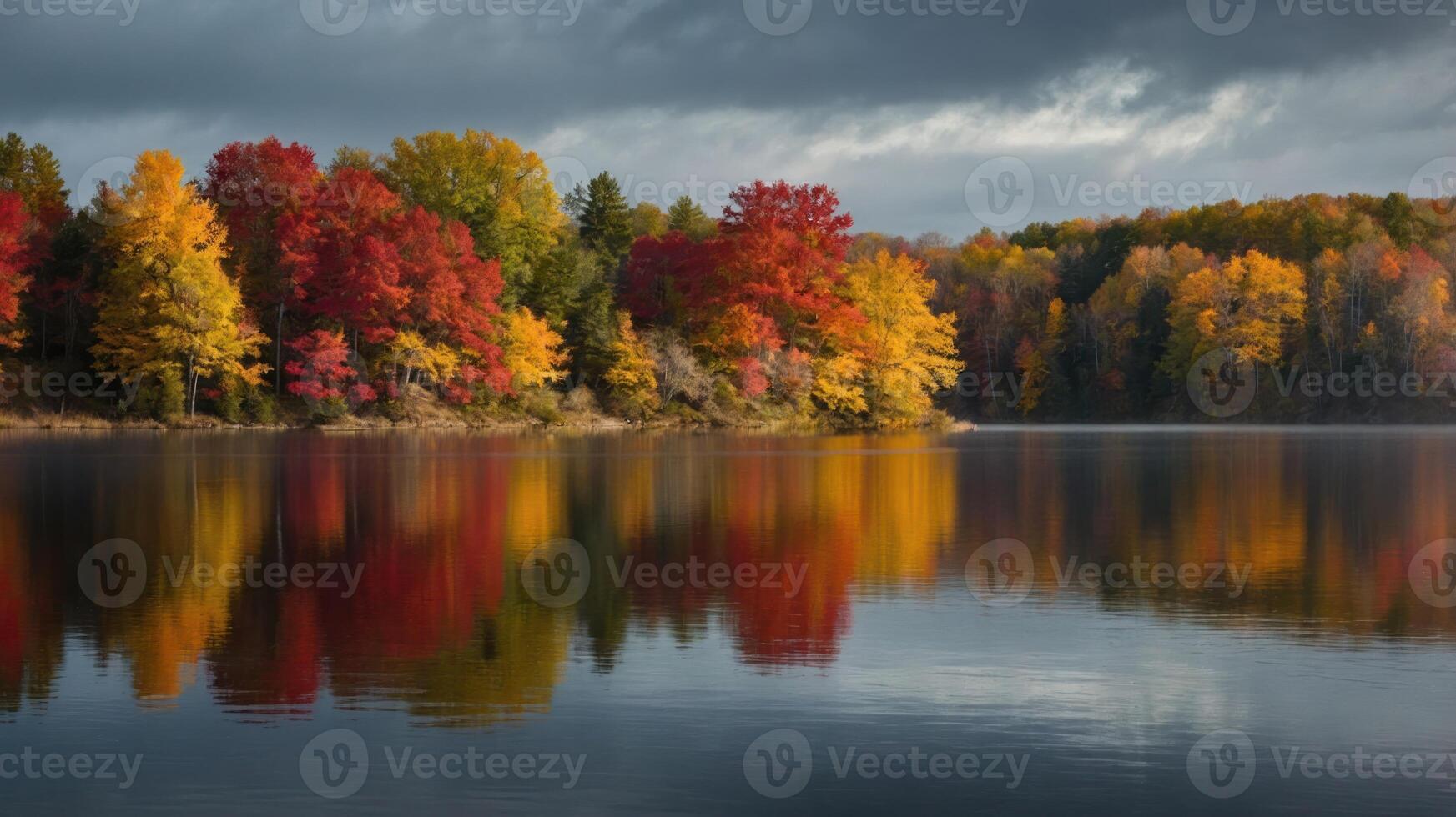A serene lake reflecting vibrant autumn foliage under a cloudy sky. photo