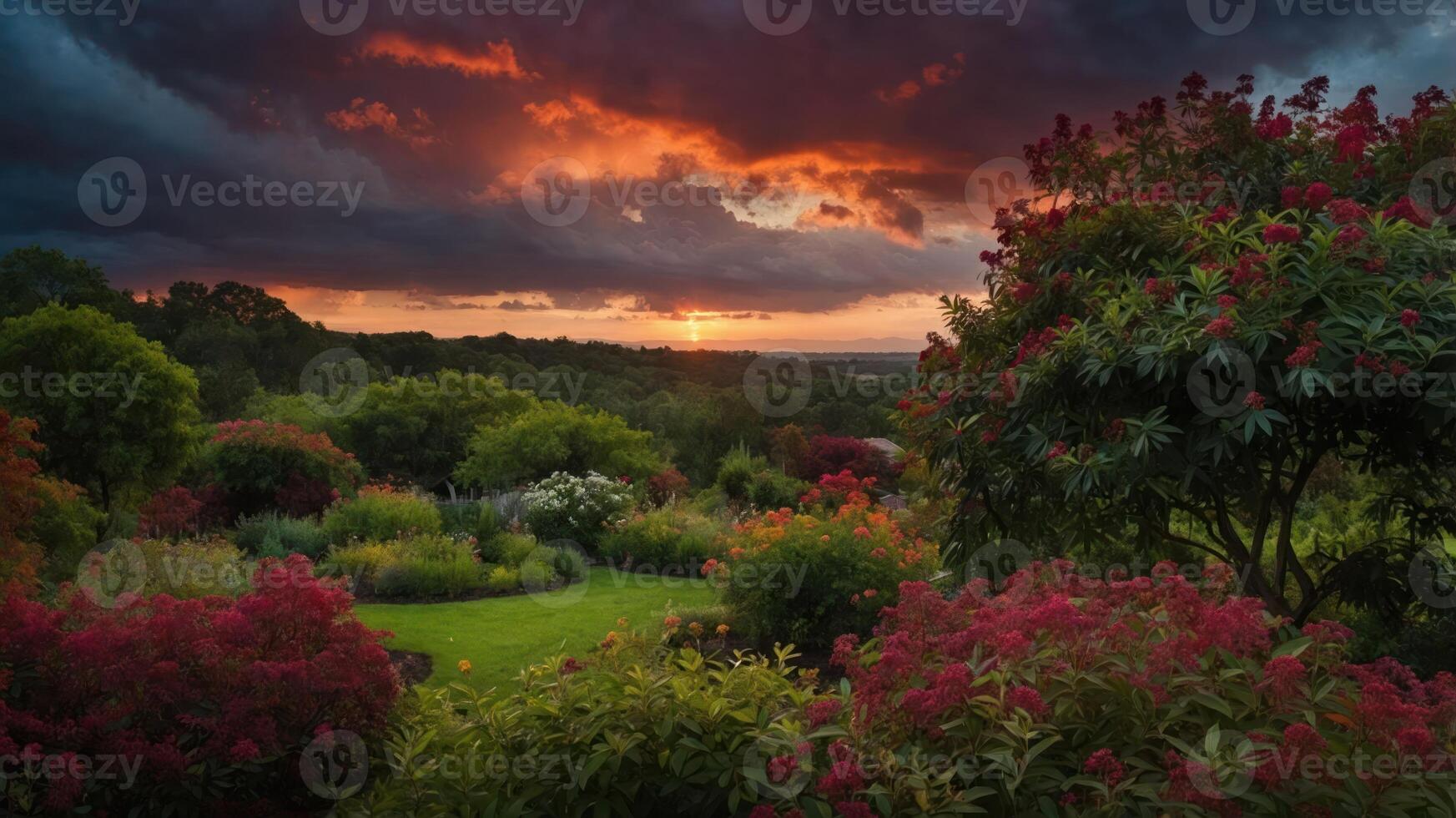 A vibrant garden landscape at sunset, showcasing colorful flowers and lush greenery under dramatic skies. photo