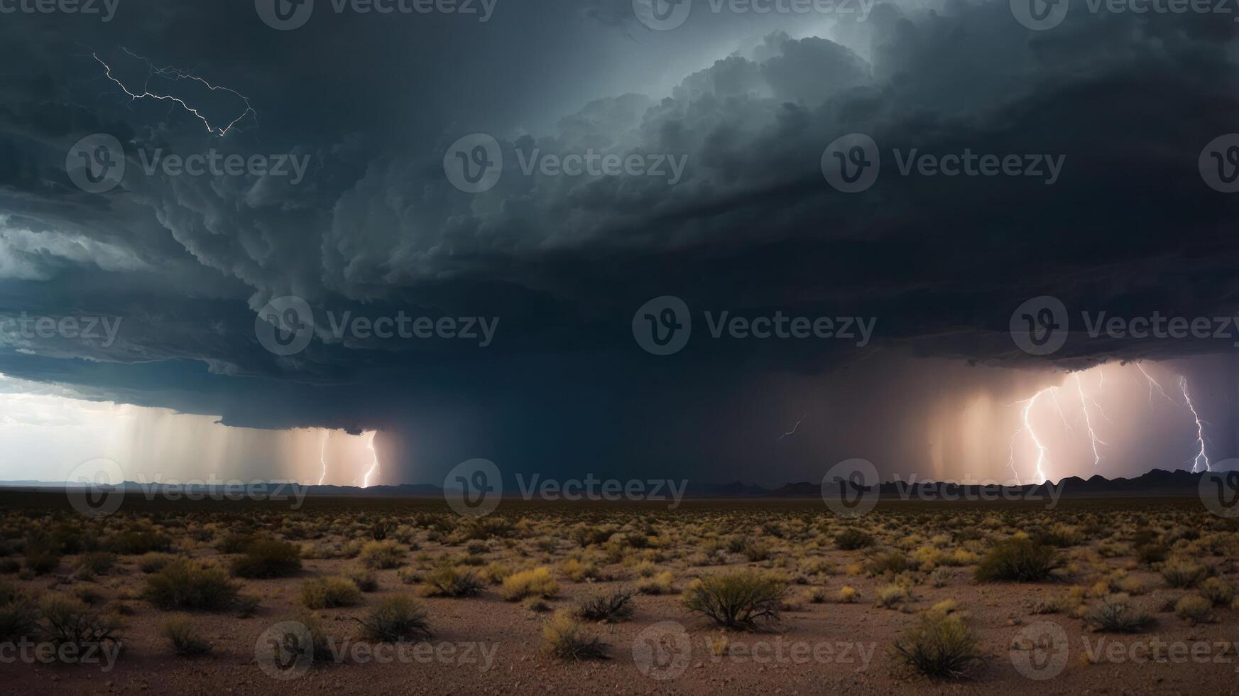 A dramatic storm scene with dark clouds, lightning, and rain over a vast desert landscape. photo