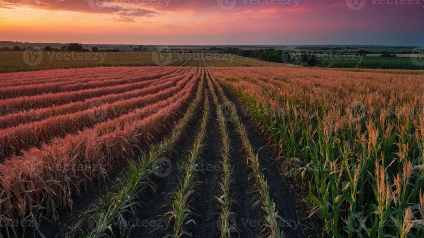 A scenic view of cornfields at sunset, showcasing agricultural patterns and vibrant colors. photo