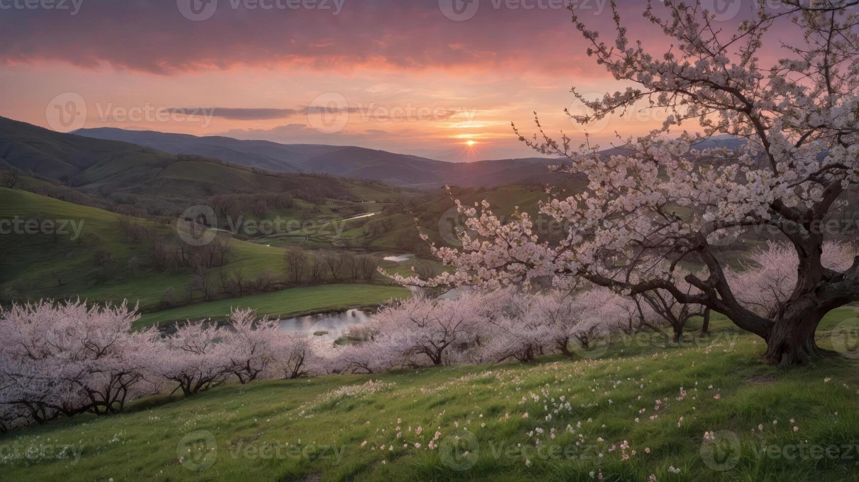 A serene landscape at sunset, featuring blooming cherry trees and rolling hills. photo