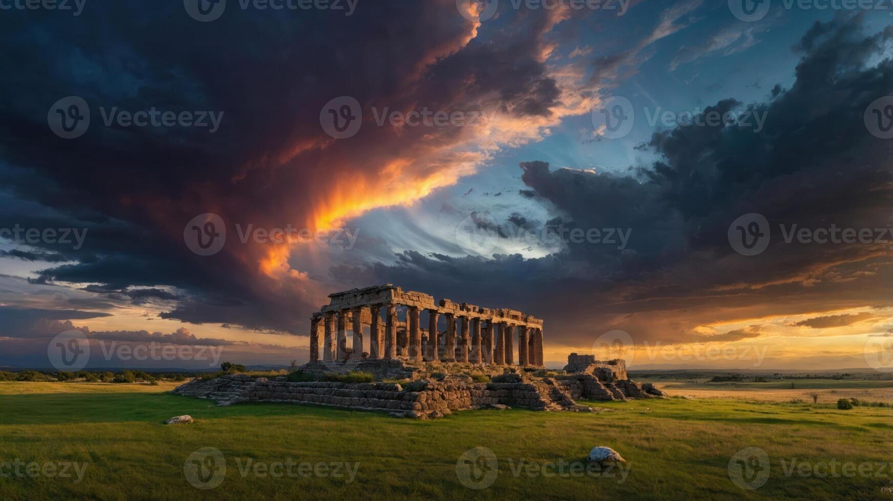A majestic ancient ruin stands against a dramatic sky at sunset, showcasing nature's beauty. photo