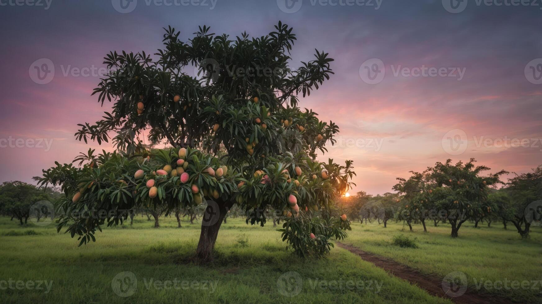 A vibrant tree laden with fruit under a colorful sky at sunset in a lush landscape. photo