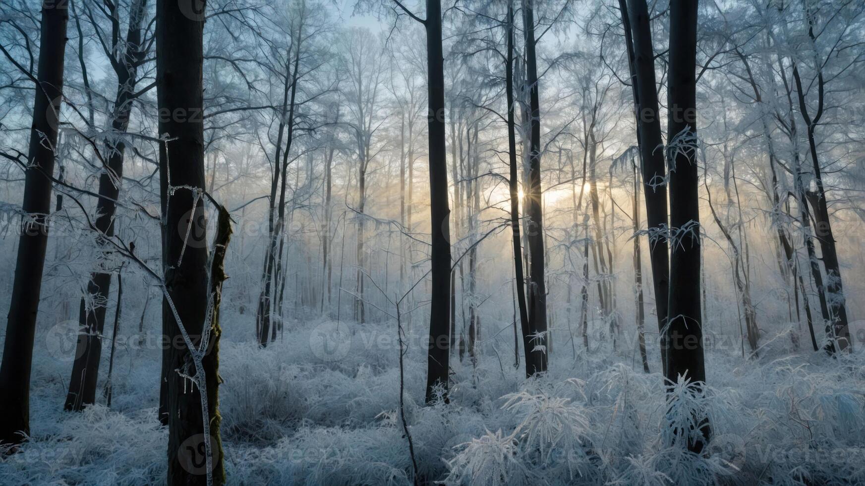 A serene winter forest scene with frosted trees and soft sunlight filtering through the mist. photo