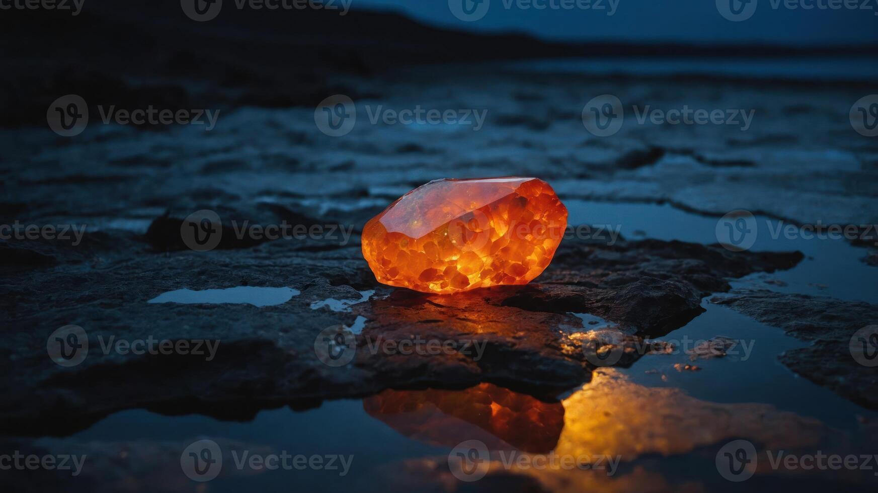 A glowing orange crystal rests on a rocky surface, reflecting in the surrounding water at dusk. photo