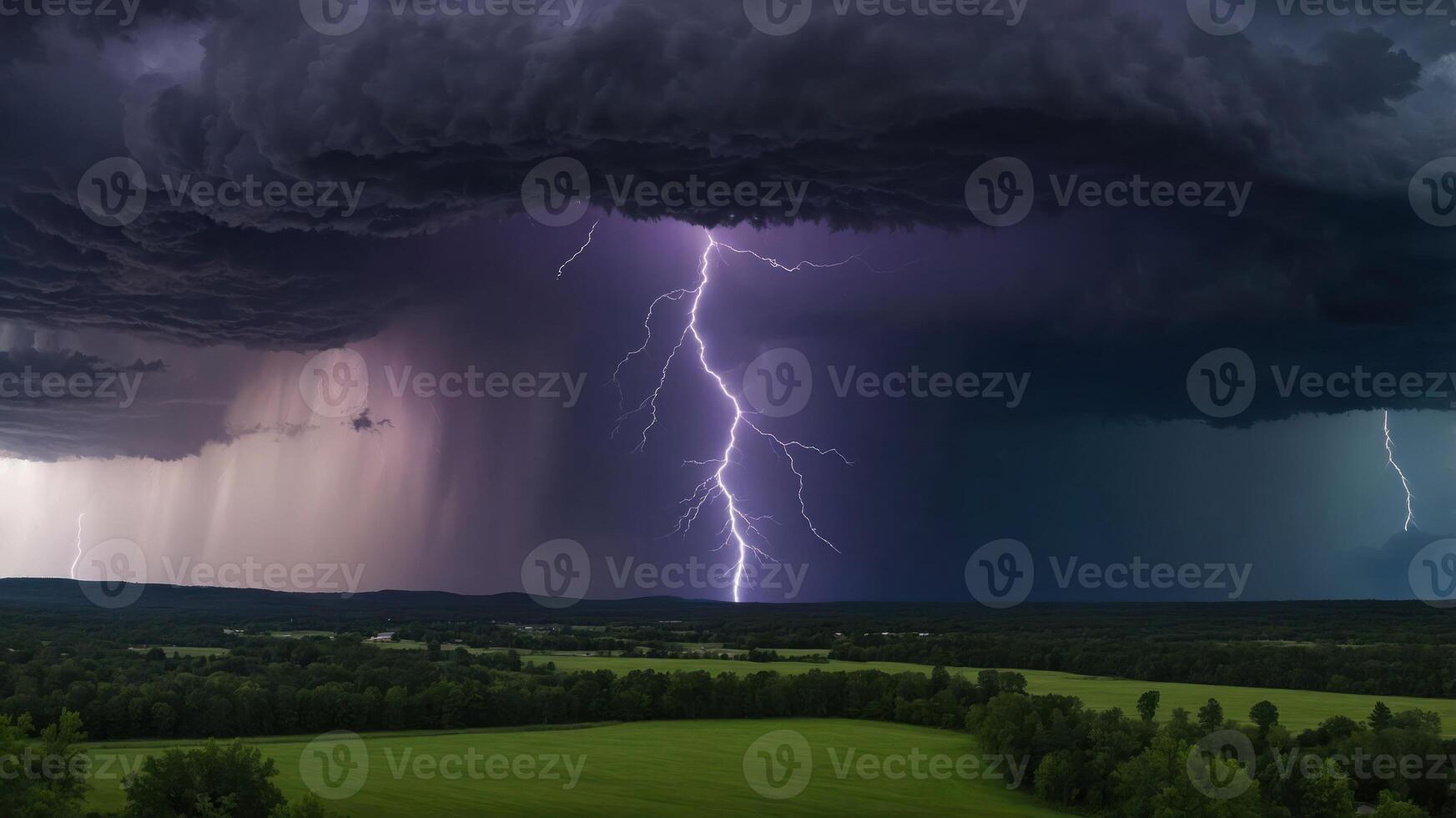 A dramatic lightning storm over a lush landscape, showcasing powerful nature and atmospheric effects. photo