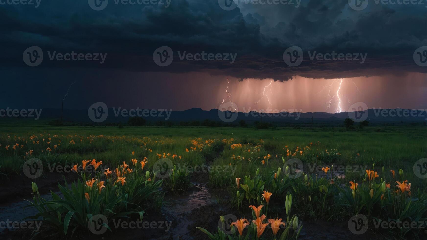 A dramatic landscape featuring lightning striking over a field of blooming orange flowers under dark storm clouds. photo