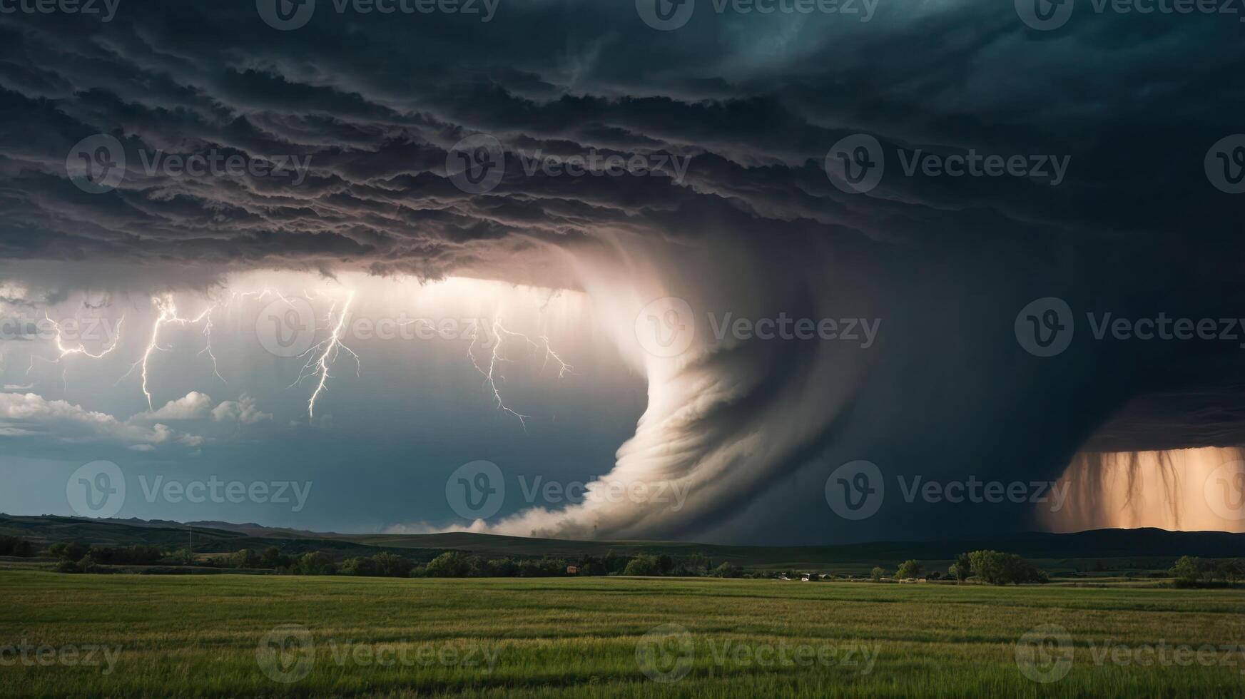 A dramatic storm with swirling clouds and lightning illuminating the landscape. photo