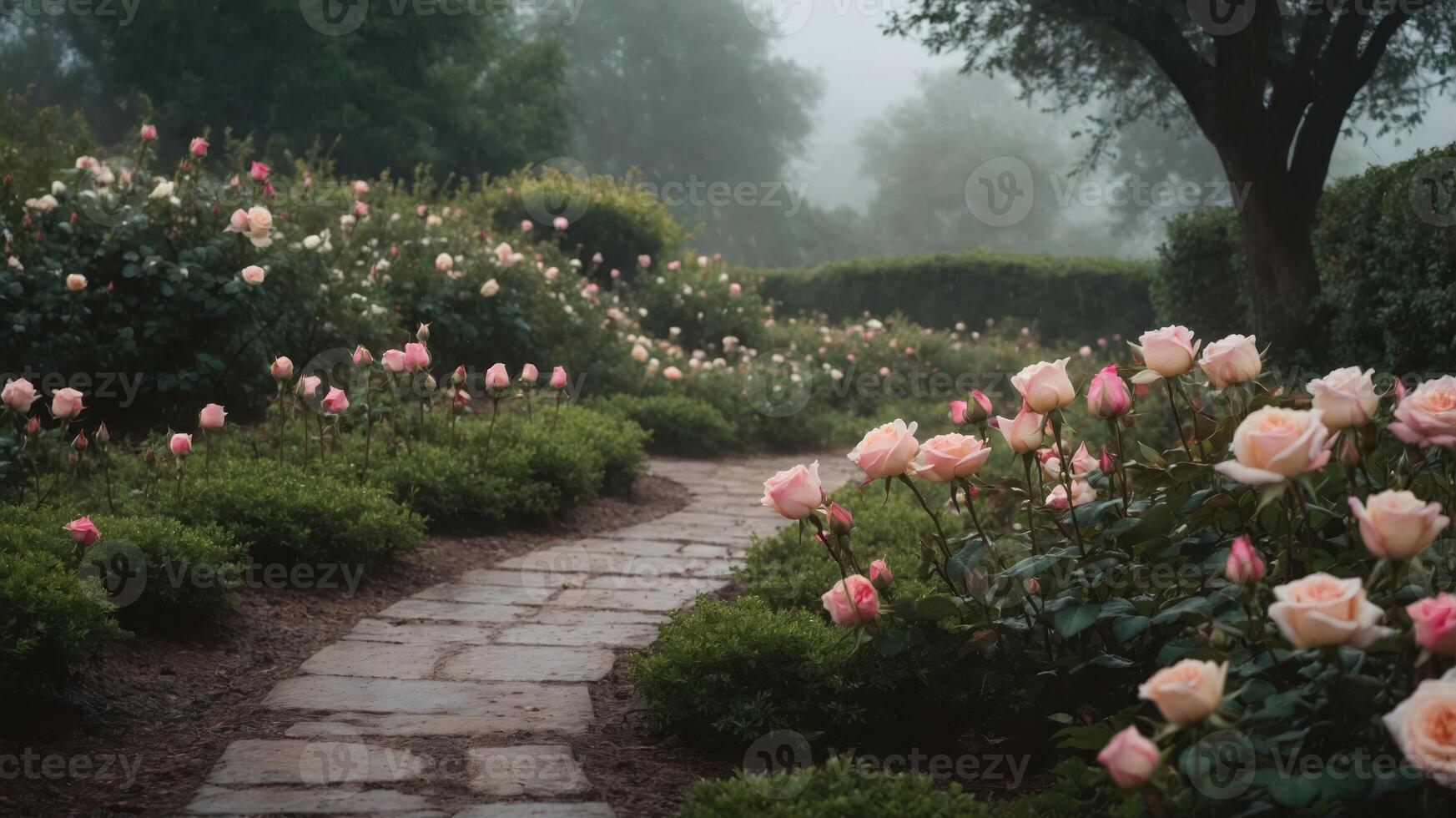 A serene garden path lined with blooming roses in a misty atmosphere, inviting tranquility and reflection. photo