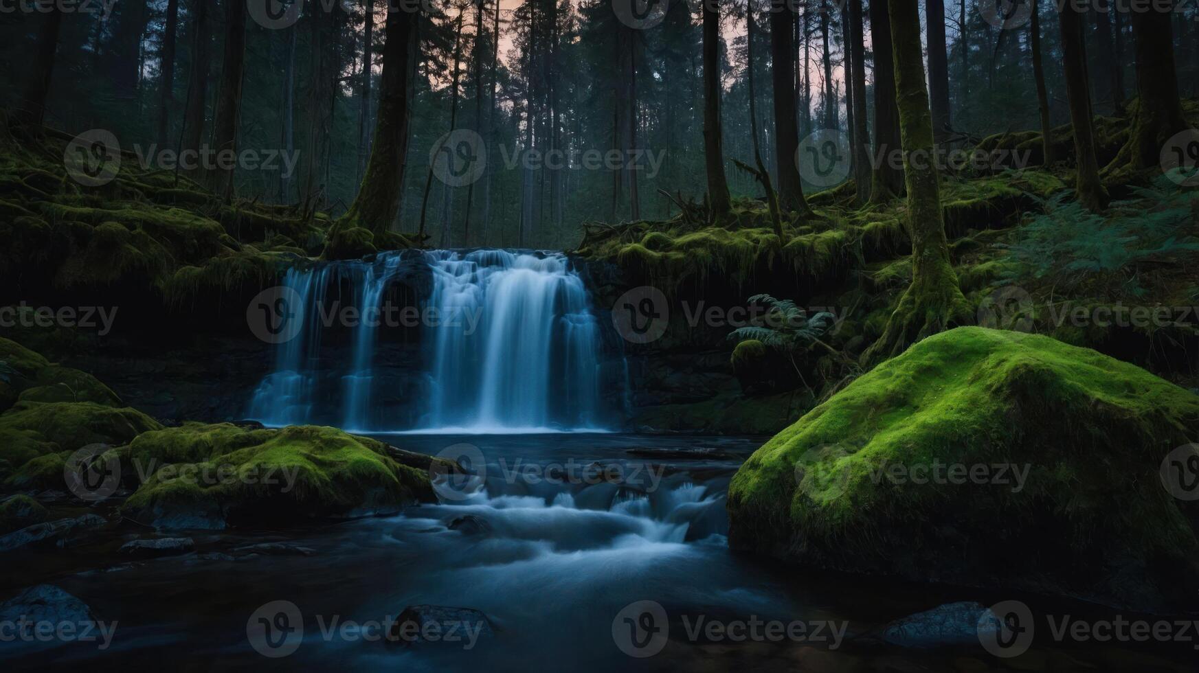 A serene forest scene featuring a waterfall cascading over rocks, surrounded by lush greenery and tall trees. photo