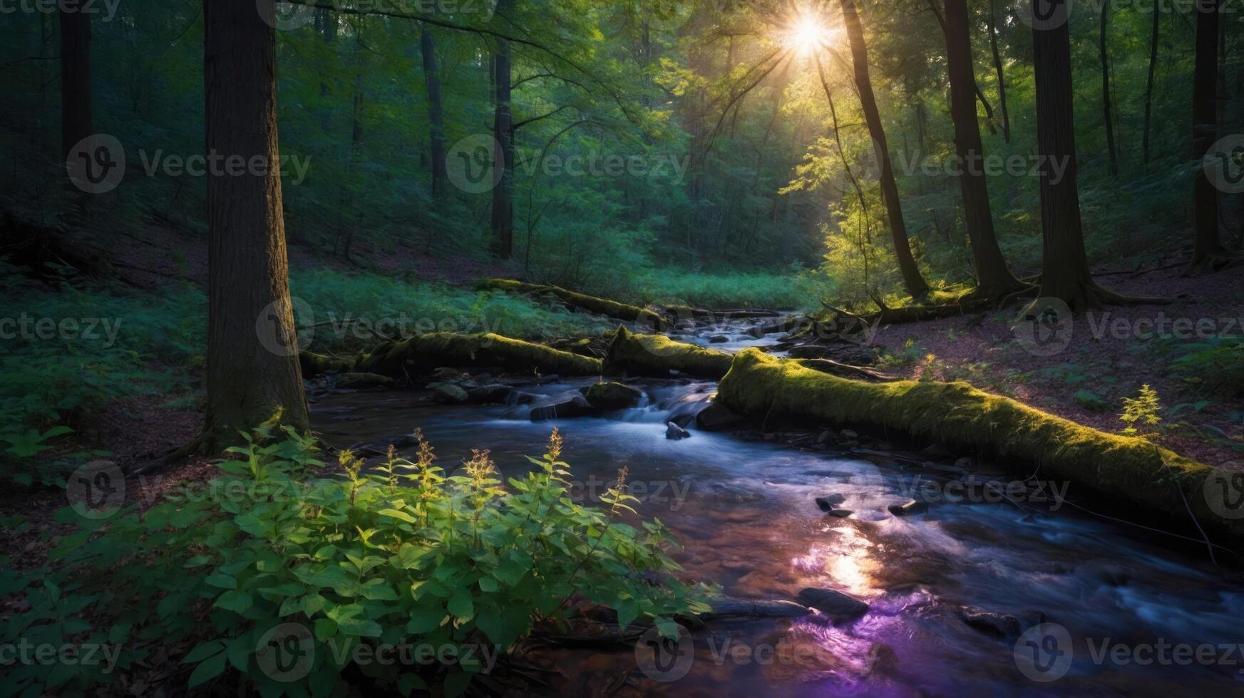 A serene forest scene with a stream and sunlight filtering through the trees. photo