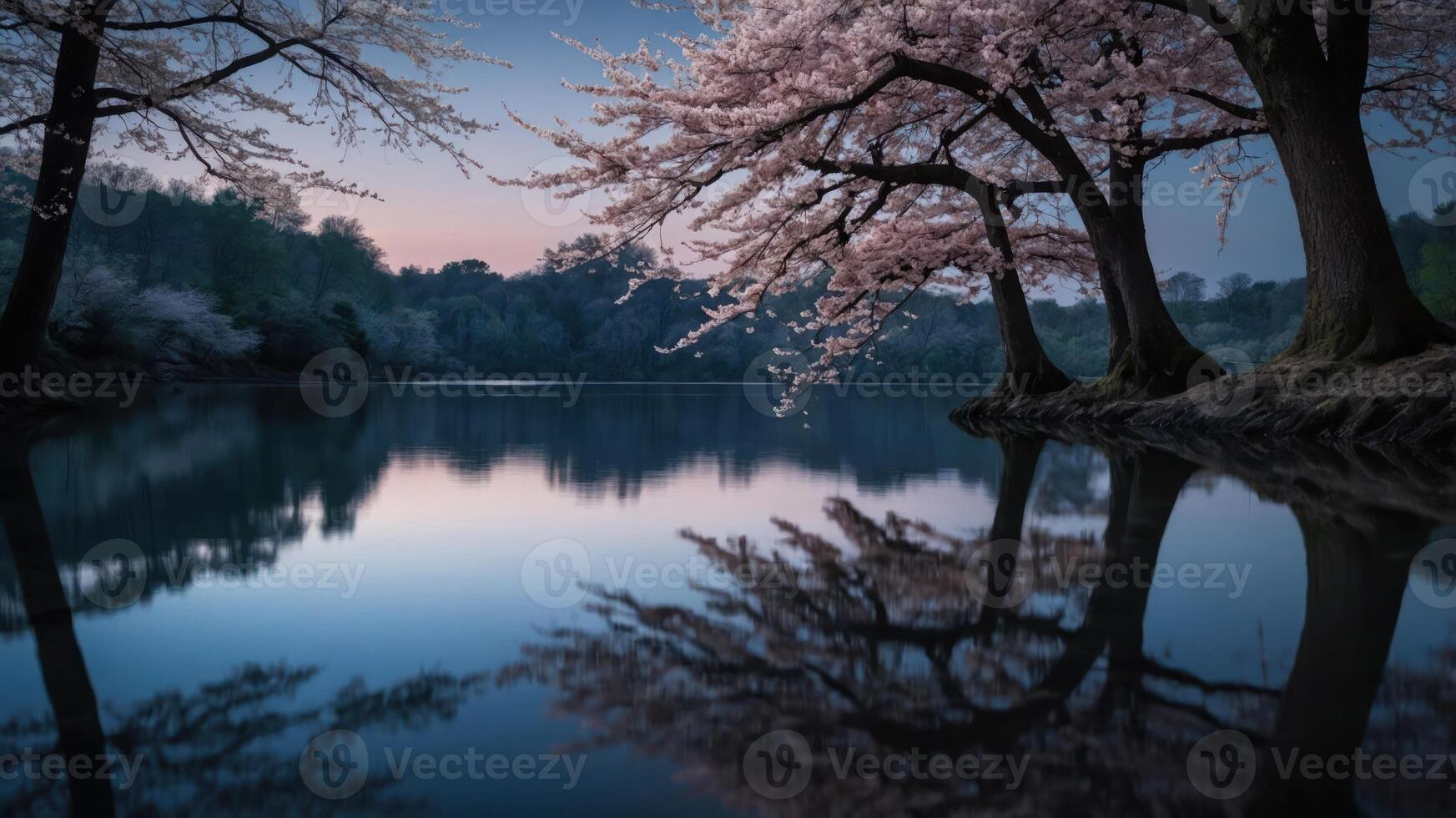 Serene landscape featuring cherry blossom trees reflecting in calm water during twilight. photo
