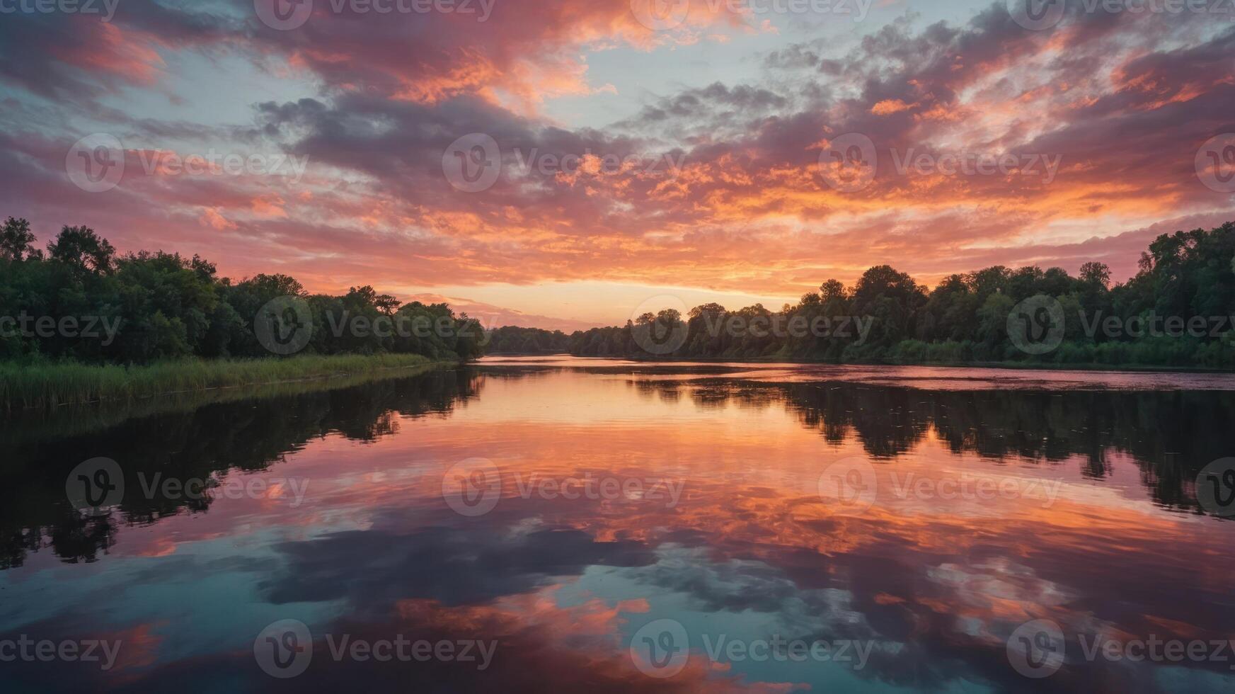 A beautiful sunset over a river with clouds reflected in it photo